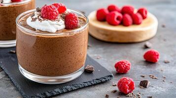 Creamy chocolate mousse topped with raspberries and whipped cream, perfect for dessert lovers photo
