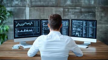 data scientist analyzing big data on multiple screens, focused on analytics and insights photo
