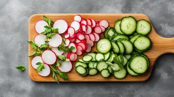 Freshly sliced radishes and cucumbers arranged wooden cutting board, showcasing vibrant colors photo