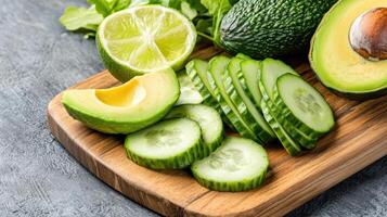 Fresh avocados and cucumbers sliced wooden cutting board, showcasing vibrant colors and textures photo