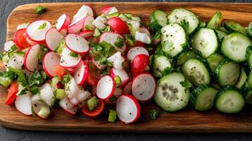 Fresh and vibrant salad with sliced radishes, cucumbers, and herbs on wooden board photo