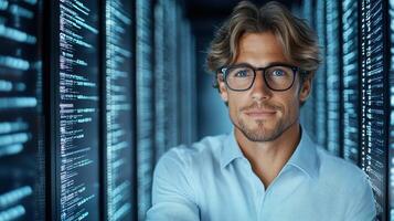 confident data scientist stands server room, surrounded by digital data streams, showcasing photo