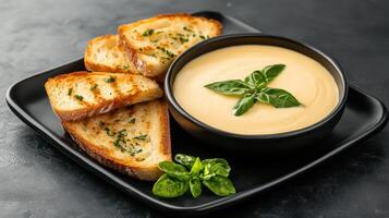 Creamy soup served with grilled bread slices garnished with herbs, perfect for cozy meal photo