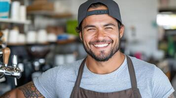 Smiling barista in coffee shop, wearing cap and apron, exuding warmth and friendliness photo