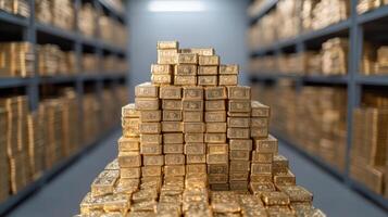 bank security vault filled with neatly stacked gold bars, showcasing wealth and security photo