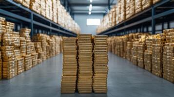 Stacks of gold bars in secure vault, showcasing wealth and luxury in spacious warehouse photo