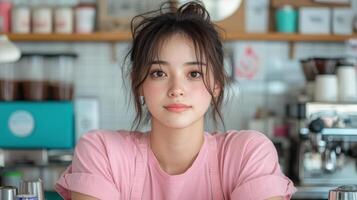 barista in cozy cafe, looking thoughtfully at empty space around her, exuding calm vibe photo