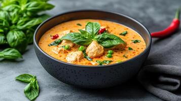 delicious bowl of homemade Thai curry with vibrant colors and fresh ingredients, garnished with photo