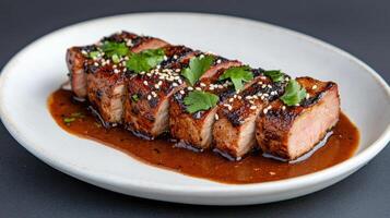 beautifully plated gourmet dish of tender pork with rich sauce and garnished with herbs photo