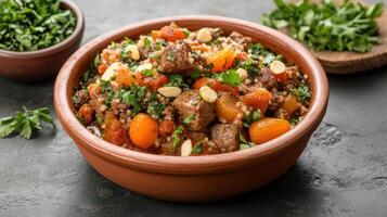 delicious Moroccan tagine featuring tender meat, vegetables, and spices, garnished with herbs photo