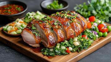beautifully presented whole roasted duck garnished with fresh herbs and vegetables photo