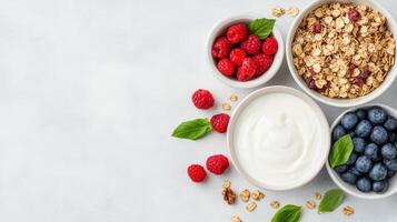 Fresh yogurt, granola, and berries create vibrant breakfast scene full of flavor photo