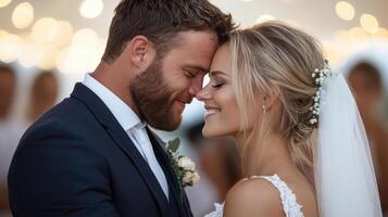 bride and groom share tender moment, smiling and leaning their foreheads together, surrounded by photo