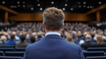 professional audience conference, focusing speaker from behind, showcasing engagement and photo