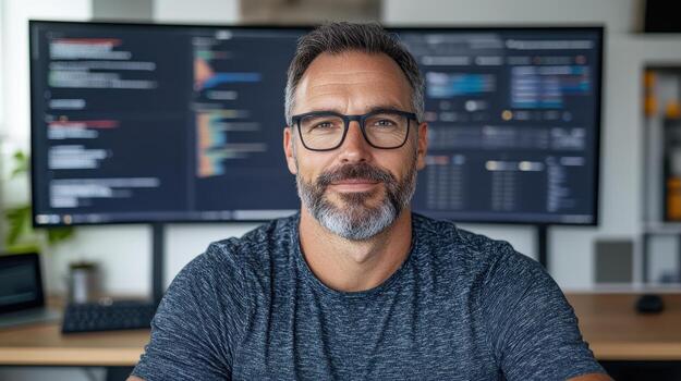 focused professional working at desk with dual monitors displaying data analysis photo