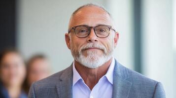 Confident business leader with glasses, wearing suit, presenting ideas in modern office photo