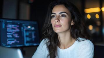 focused businesswoman working late at night, illuminated by computer screens photo