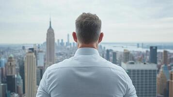 professional overlooking vibrant city skyline, reflecting on opportunities and challenges photo