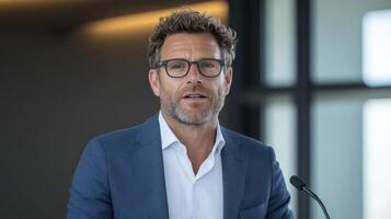 Professional man in suit speaking at conference, conveying confidence and expertise photo