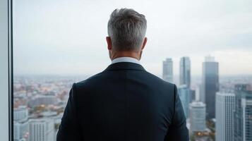 professional man in suit gazes out at sprawling city skyline, reflecting on opportunities photo