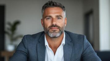 Confident businessman with beard modern office setting, exuding professionalism and leadership photo