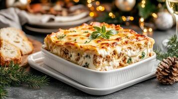 Delicious family style lasagna dish on festive dinner table, perfect for celebrations photo