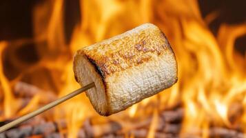 toasted marshmallow on stick, glowing against warm fire background, evokes cozy atmosphere photo