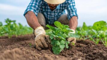 farmer carefully plants seedlings in rich soil, showcasing sustainable agriculture practices photo