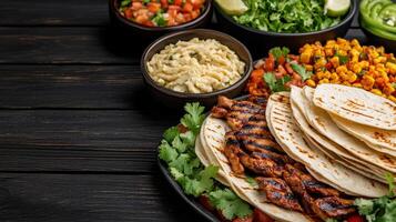 Delicious fajita night at home with grilled chicken, tortillas, and fresh toppings photo