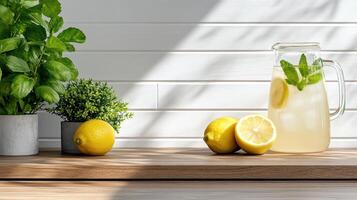 Refreshing lemonade with lemons and mint on wooden countertop photo