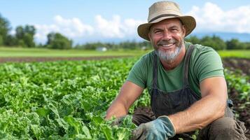 farmer smiles while tending to lush green lettuce vibrant field, showcasing hard work and photo