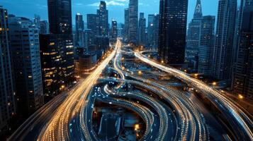 vibrant cityscape at dusk, showcasing illuminated highways and skyscrapers photo