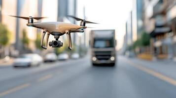 drone flying over city street, showcasing advanced technology in logistics and delivery photo