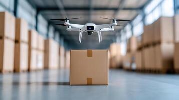 drone delivering package in warehouse setting, showcasing modern logistics technology photo