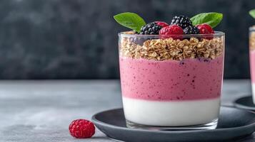 delicious berry smoothie layered with yogurt, granola, and fresh fruits, perfect for healthy photo