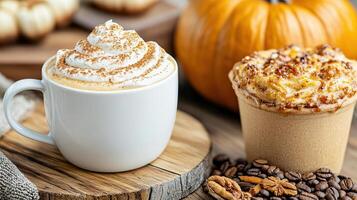 Delight cozy cafe scene featuring creamy pumpkin spice latte and delicious pastry, perfect for photo