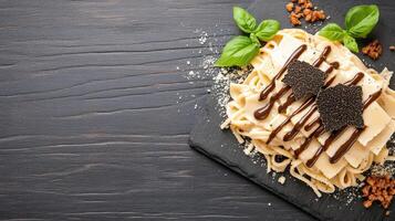 Luxurious truffle pasta dish with creamy sauce, garnished with fresh basil and truffle slices photo
