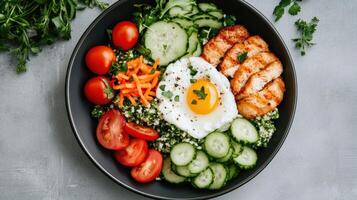 Healthy breakfast bowl with grilled chicken, fresh vegetables, and sunny side up egg photo