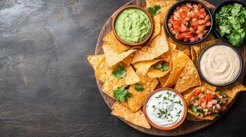 Crispy tortilla chips served with fresh guacamole, salsa, and creamy dips create perfect sharing photo
