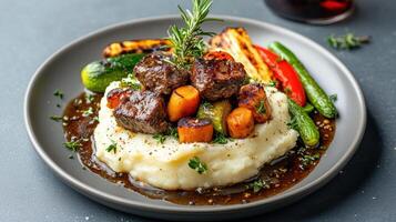Creamy mashed potatoes topped with savory meatballs and grilled vegetables create delightful photo