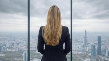 powerful businesswoman gazes out at city skyline from modern skyscraper, exuding confidence photo