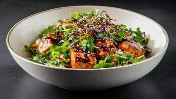Artfully arranged poke bowl with microgreens and sesame seeds, showcasing vibrant colors and photo