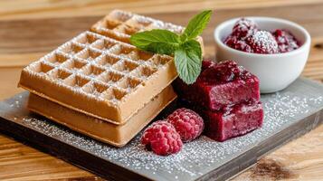 Delicious rustic Belgian waffles served with homemade berry compote and fresh raspberries photo