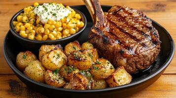 delicious rustic dinner featuring perfectly grilled tomahawk steak, roasted potatoes photo