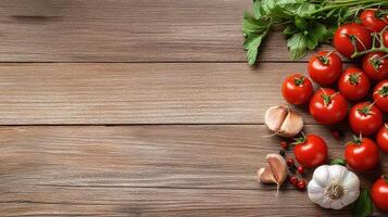 Fresh tomatoes and garlic on rustic wooden table create vibrant, inviting scene photo