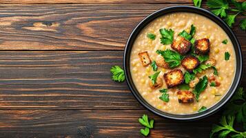 Creamy split pea soup with croutons and fresh herbs on rustic wooden table photo