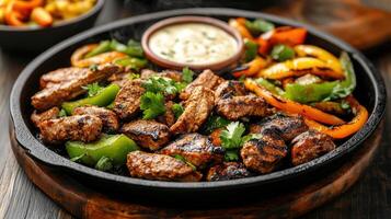 Sizzling fajita dish with grilled meat, colorful peppers, and creamy dip, perfect for sharing photo