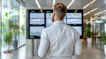 professional man observes digital data displays modern office environment, reflecting insights photo