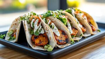 Gourmet tacos served on black plate, featuring grilled ingredients, fresh herbs, and sauces photo