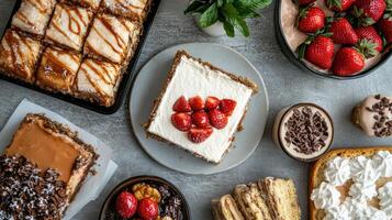 Delightful dessert spread featuring various cakes, strawberries, and chocolate treats photo